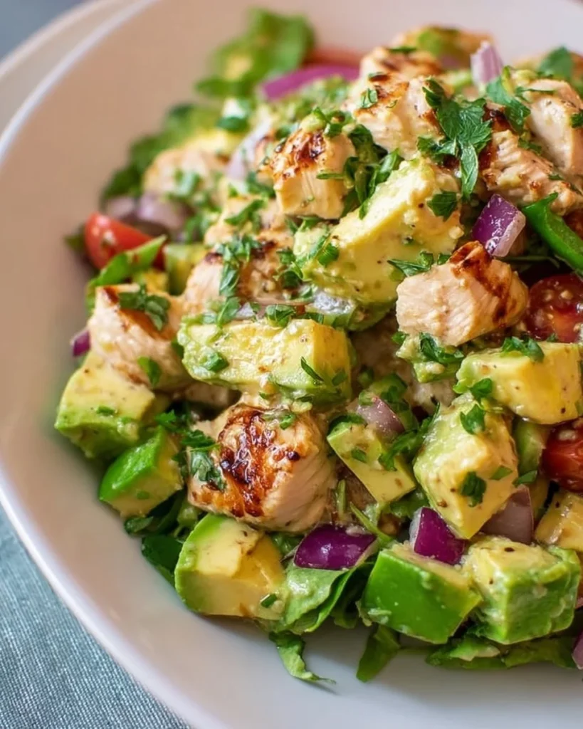 Delicious Avocado Chicken Salad served in a bowl with fresh ingredients