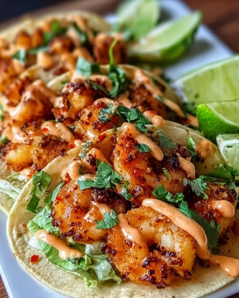 Delicious Bang Bang Shrimp Tacos topped with spicy sauce and fresh ingredients