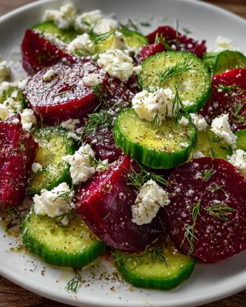 Beet salad with feta cheese, cucumbers, and dill in a colorful bowl