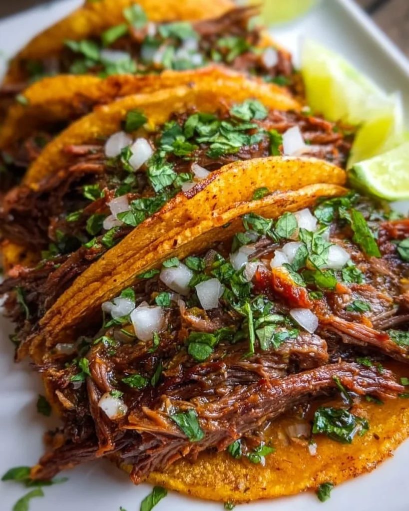 Delicious Birria Tacos served with broth and garnished with onions and cilantro.