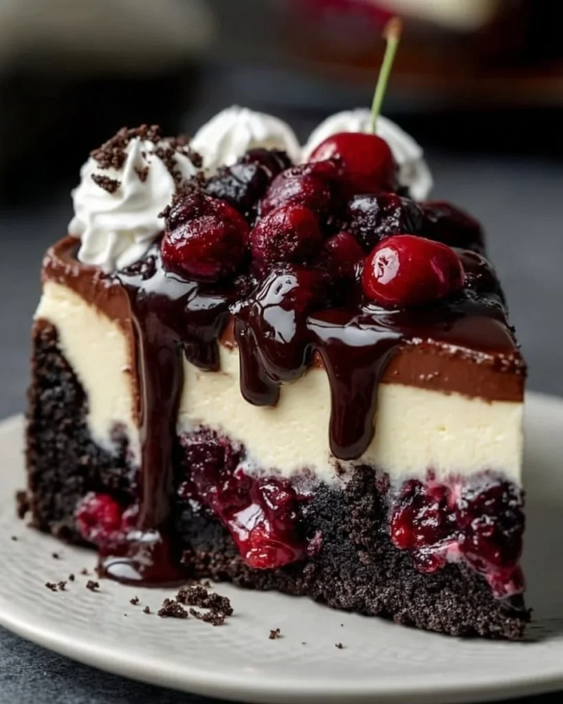 Delicious slice of Black Forest Cheesecake with cherries and chocolate