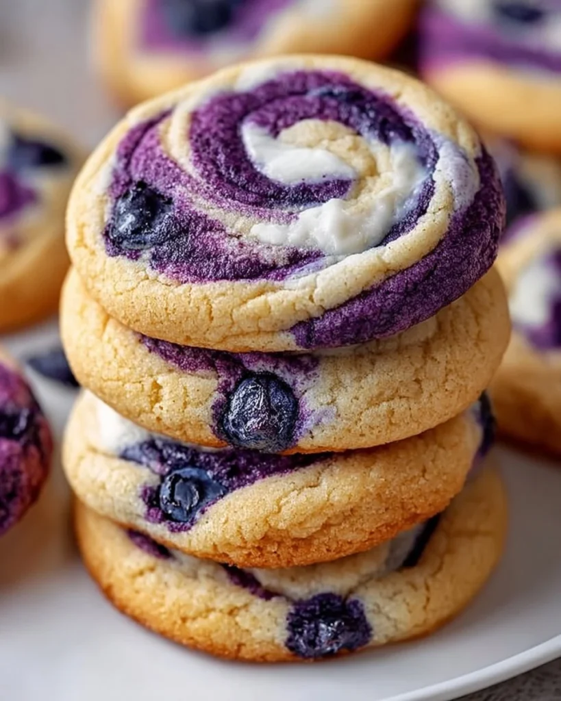 Blueberry cheesecake swirl cookies on a plate, topped with fresh blueberries