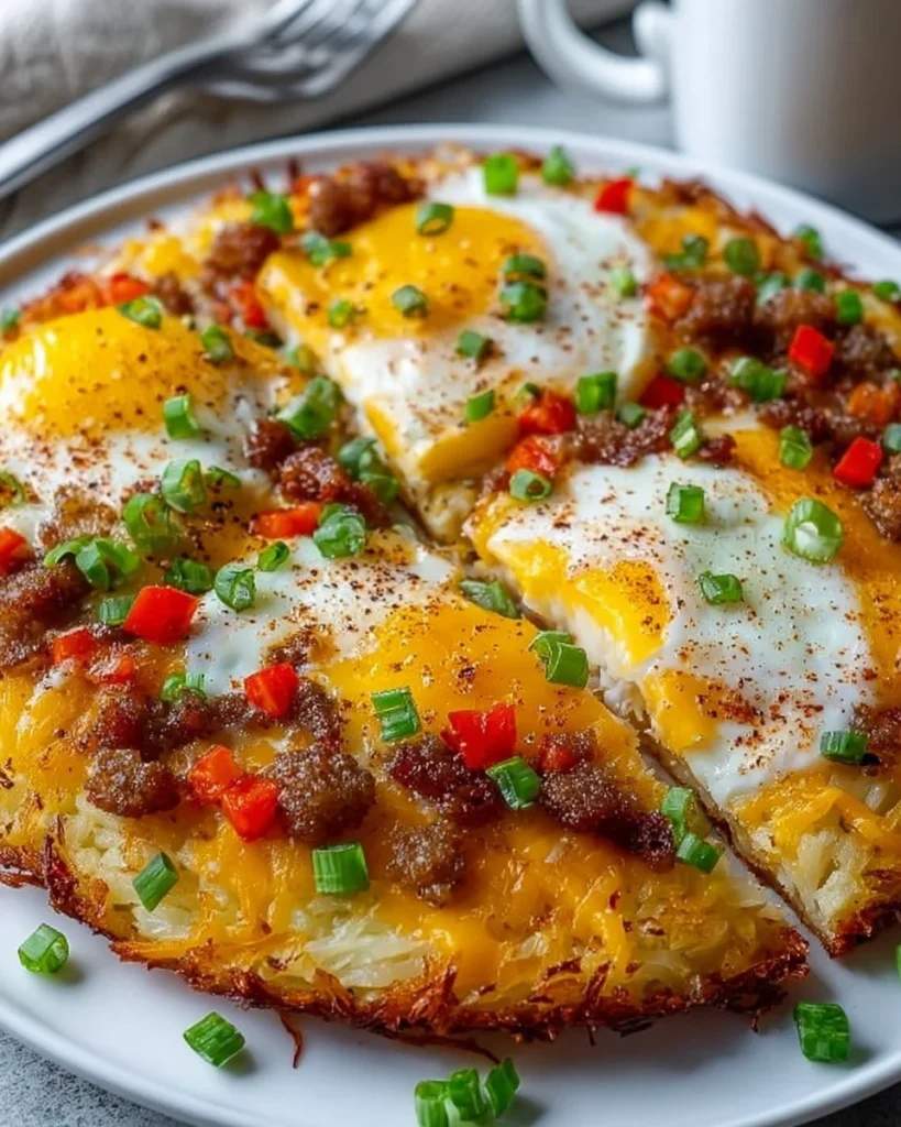 Breakfast pizza with hash brown crust topped with eggs and veggies on a plate
