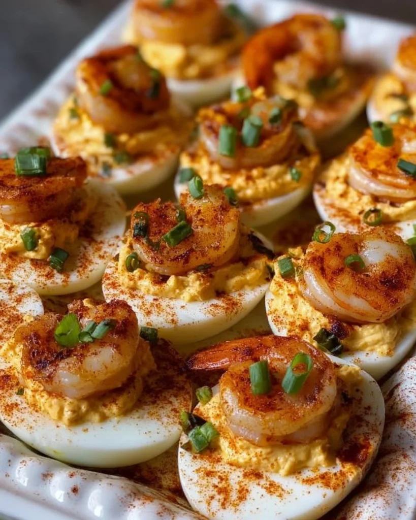 Cajun shrimp deviled eggs appetizer on a serving platter