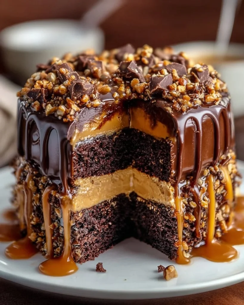 Delicious Chocolate Caramel Toffee Crunch Cake topped with toffee bits and caramel drizzle