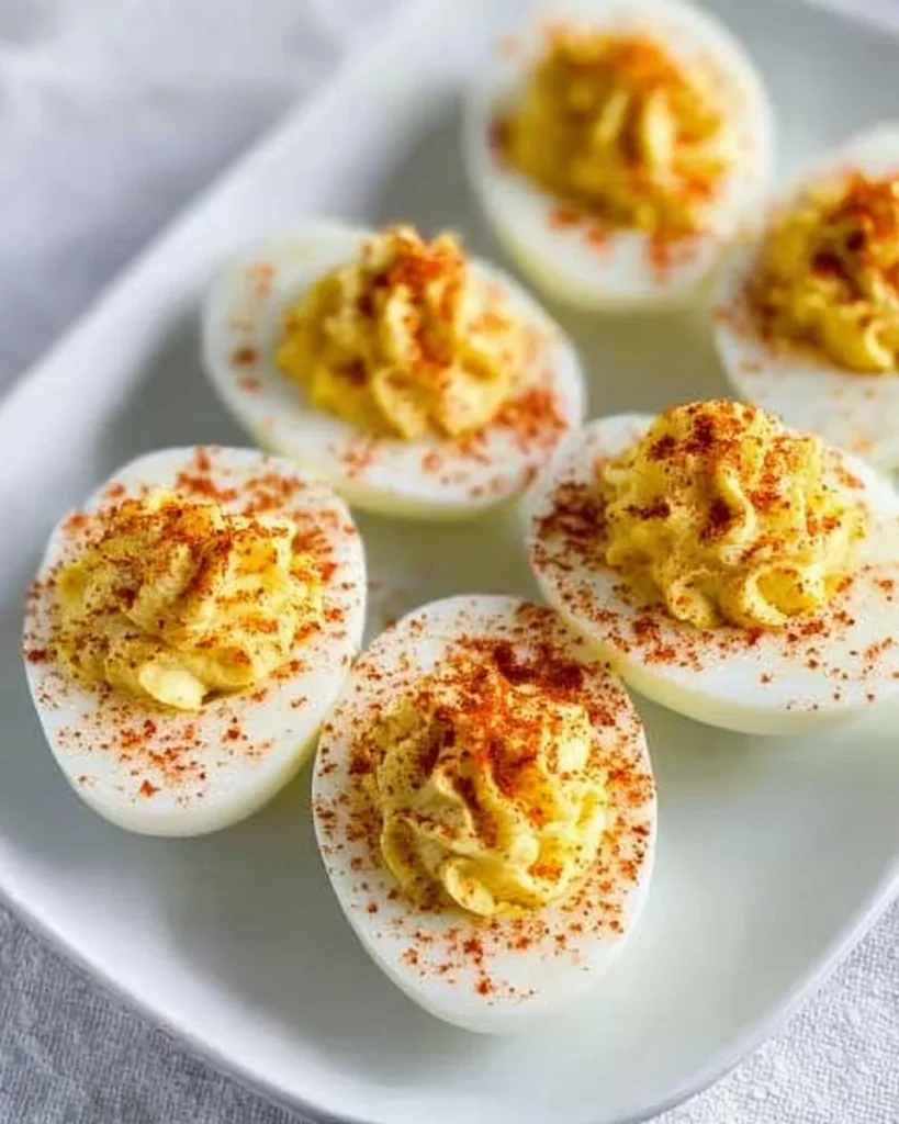 Classic deviled eggs with creamy yolk filling and paprika topping on a plate.