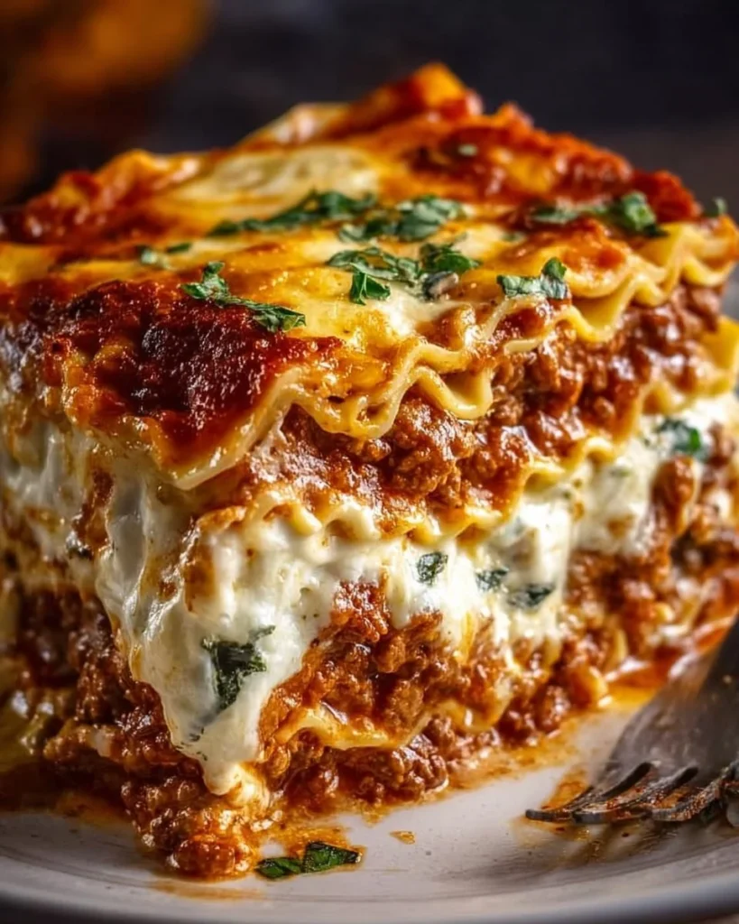 A delicious classic lasagna with layers of cheese and meat sauce.