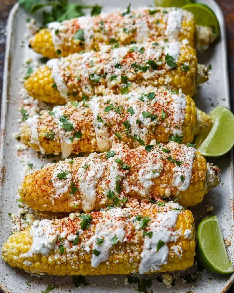 Delicious grilled corn on the cob served with butter and herbs.