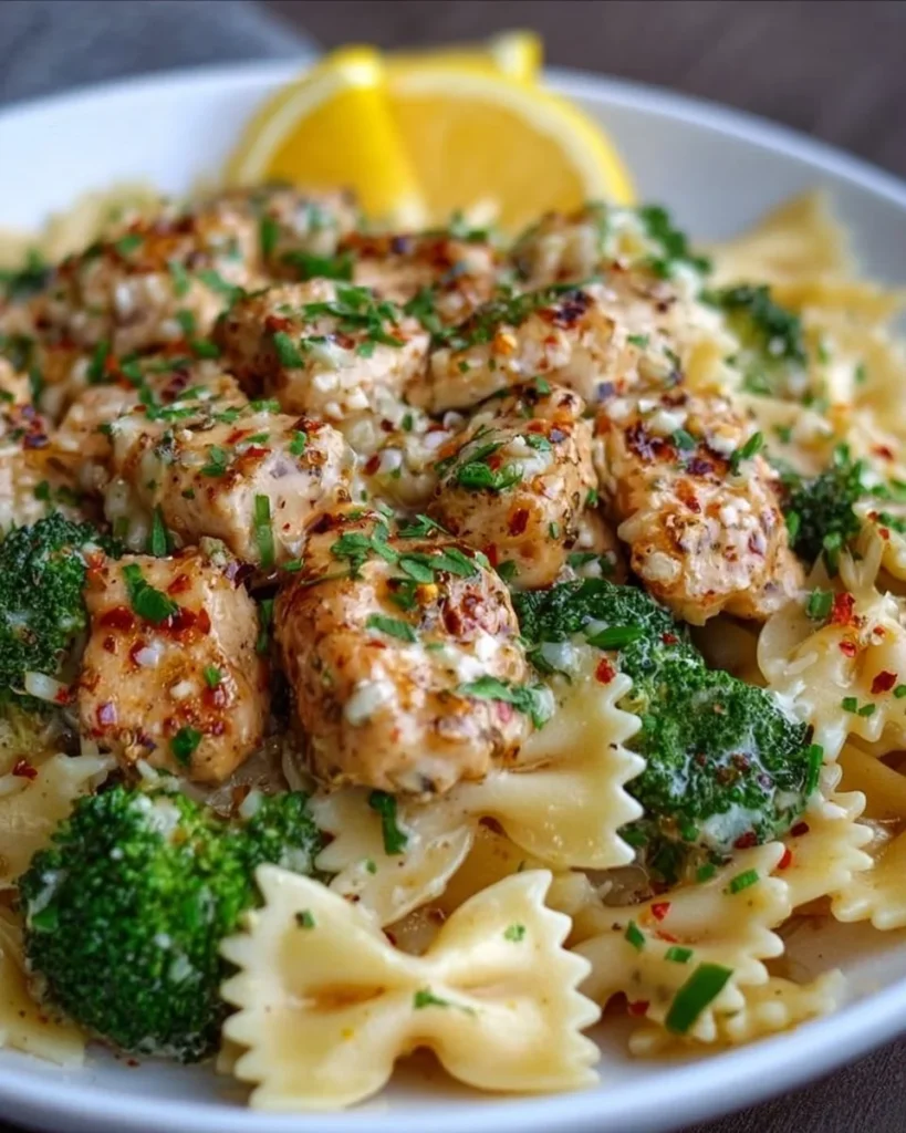 Cowboy Butter Lemon Bowtie Chicken with Broccoli Bliss served in a bowl
