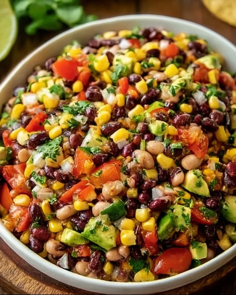 Bowl of Cowboy Caviar dip with colorful vegetables and black beans