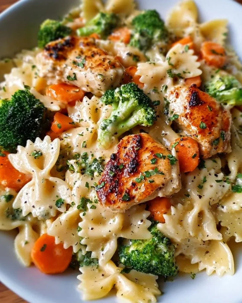Creamy cheddar chicken pasta with bowtie noodles and roasted vegetables