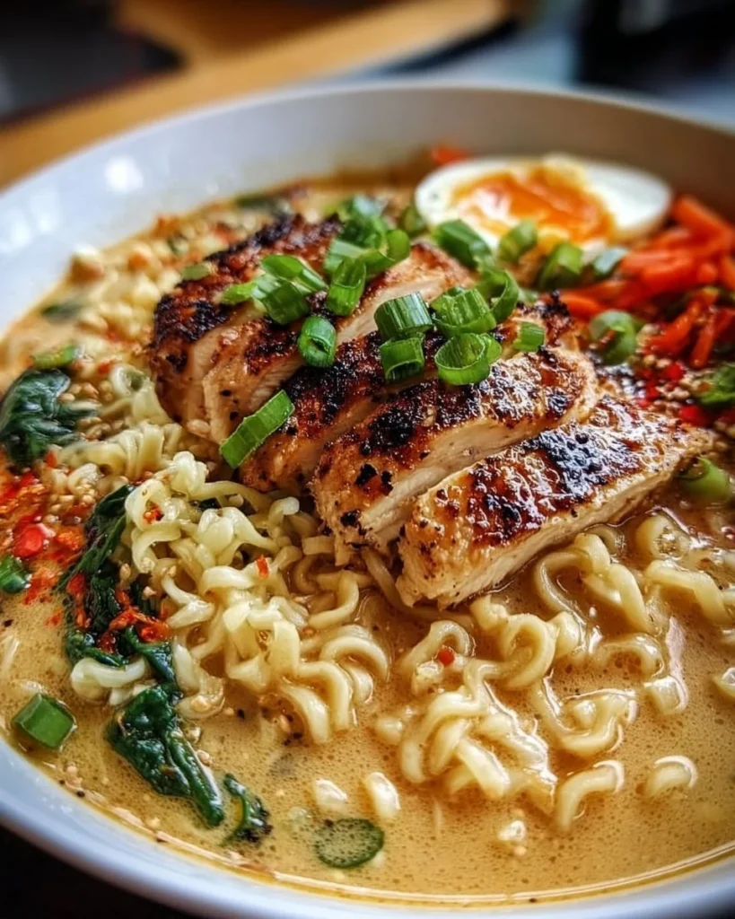 Creamy Garlic Chicken Ramen bowl with fresh ingredients and garlic flavor