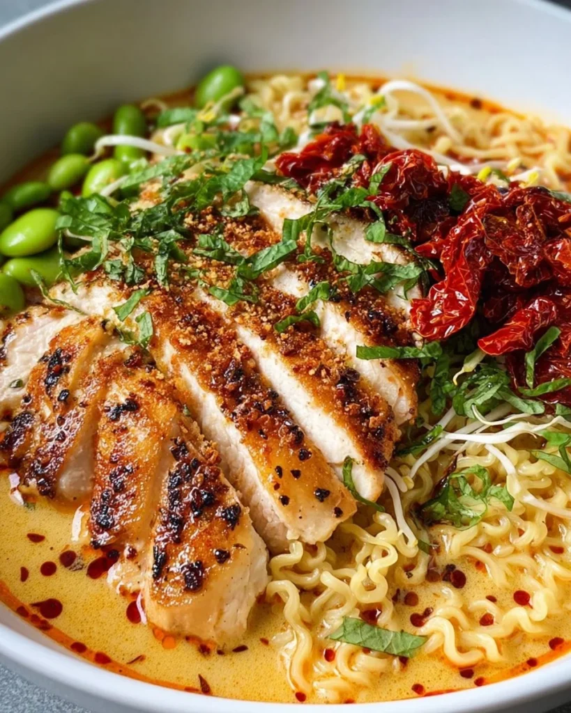 Bowl of creamy Marry Me Chicken Ramen garnished with herbs