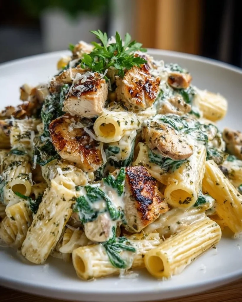 Creamy pesto chicken pasta dish garnished with fresh basil and parmesan cheese