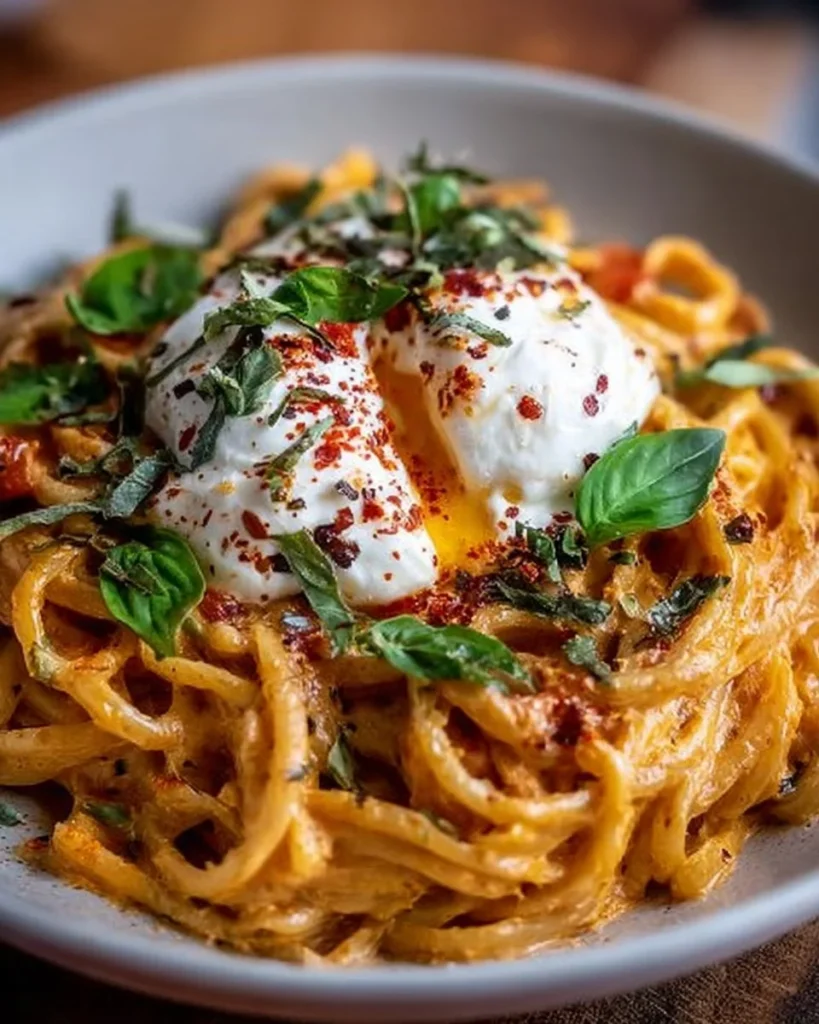 Creamy red pepper pasta topped with burrata cheese and fresh herbs