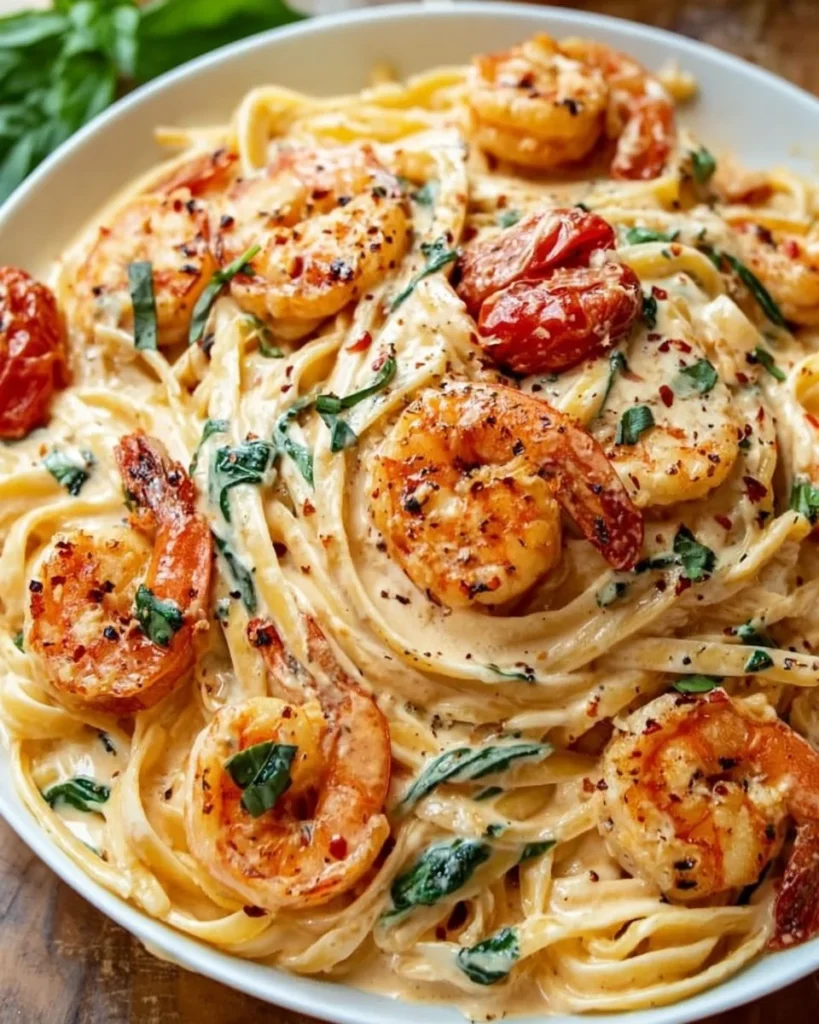 Delicious creamy Tuscan shrimp linguine garnished with fresh herbs.