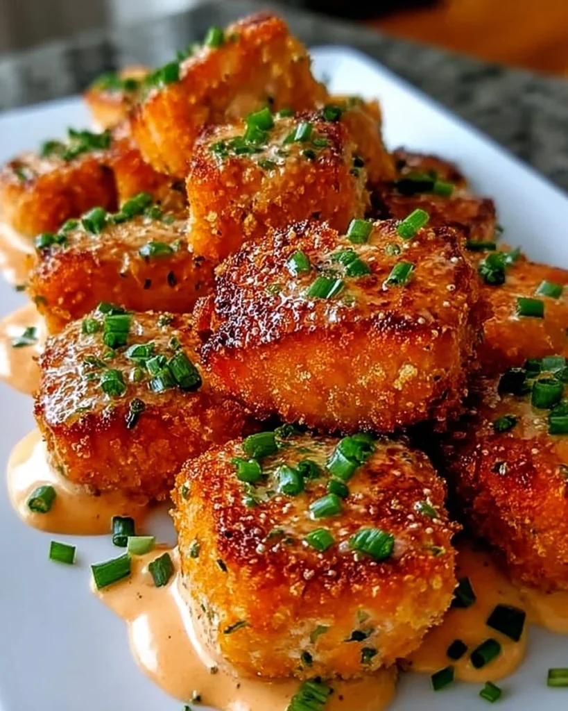 Crispy Bang Bang Salmon Bites served on a plate with dipping sauce