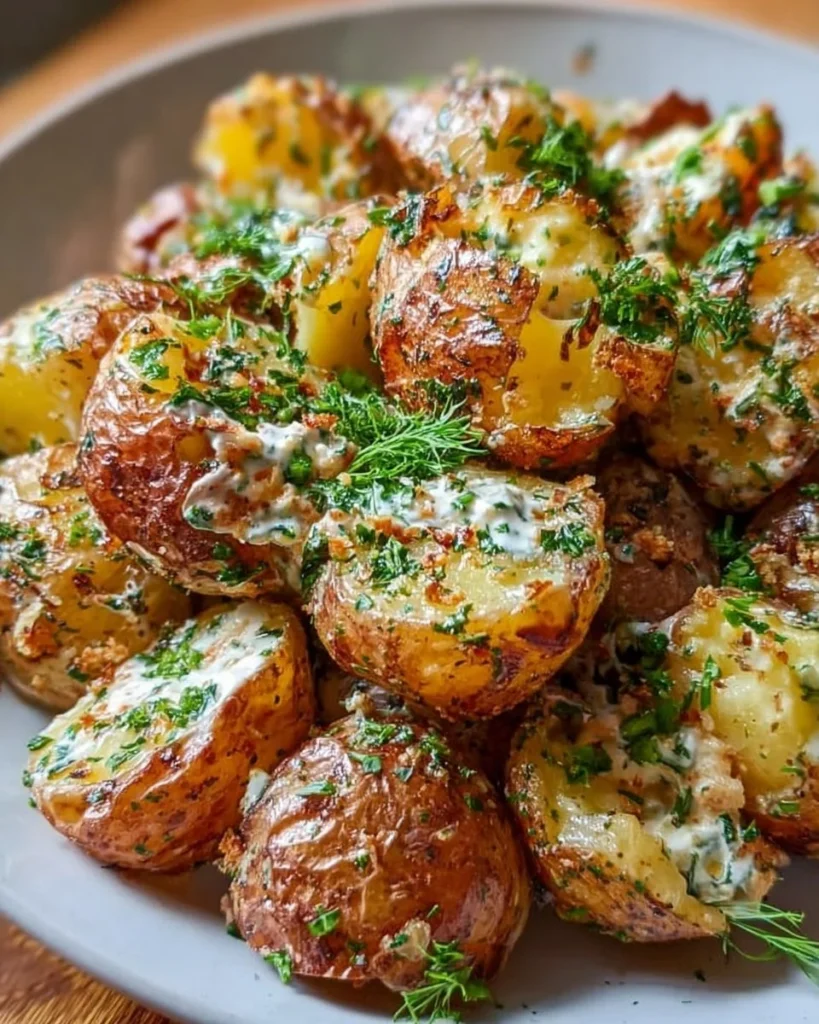 Delicious crispy smashed potato salad served in a bowl with fresh herbs