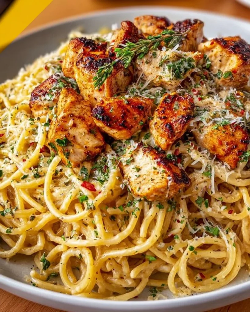 Creamy Cajun Chicken Spaghetti with Garlic Mozzarella Sauce in a bowl