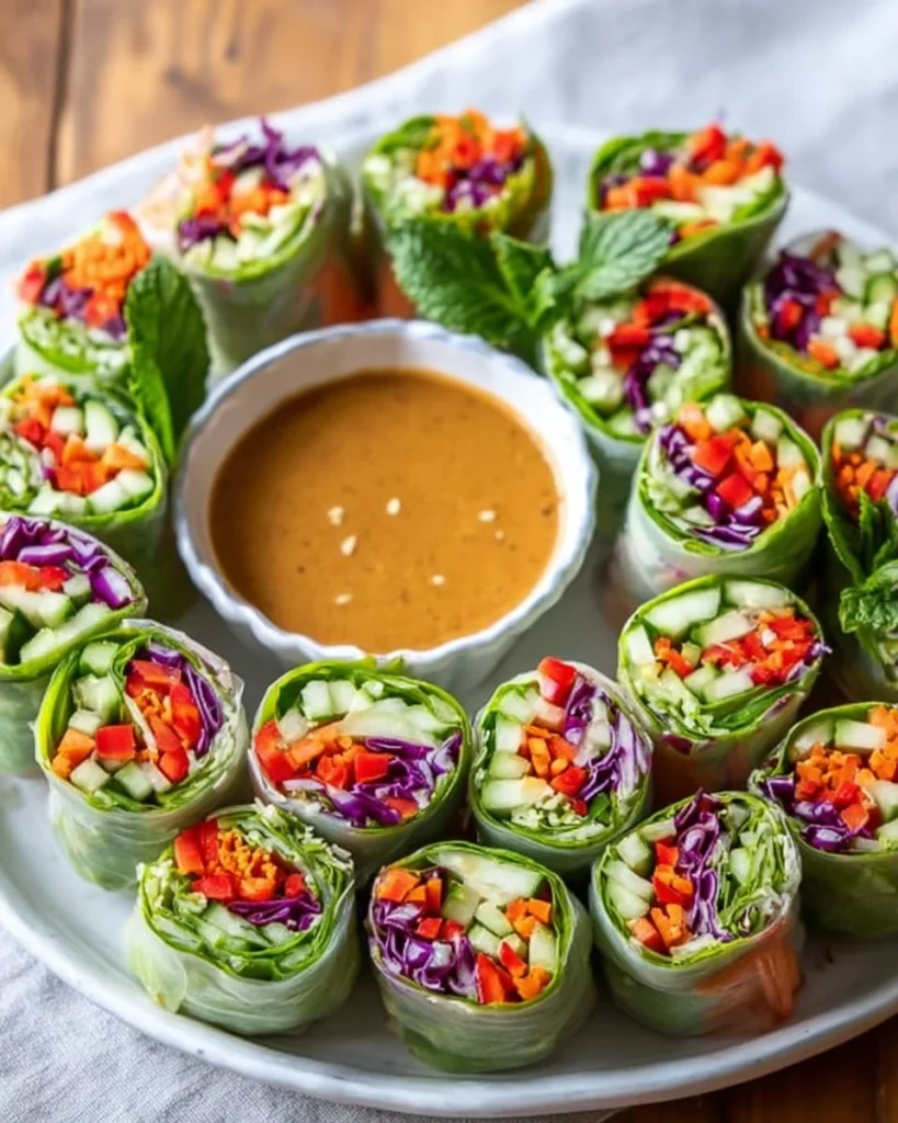 Fresh spring rolls with peanut sauce, garnished with herbs and vegetables.