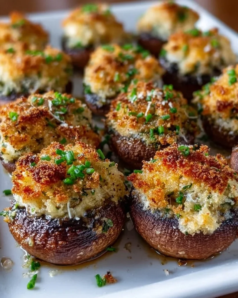 Garlic Parmesan Stuffed Mushrooms with herbs and cheese topping