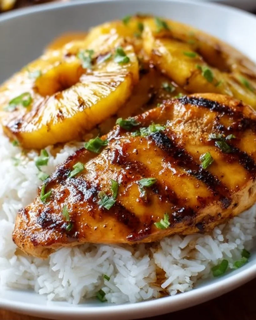 Hawaiian Chicken served with Pineapple and Coconut Rice on a plate