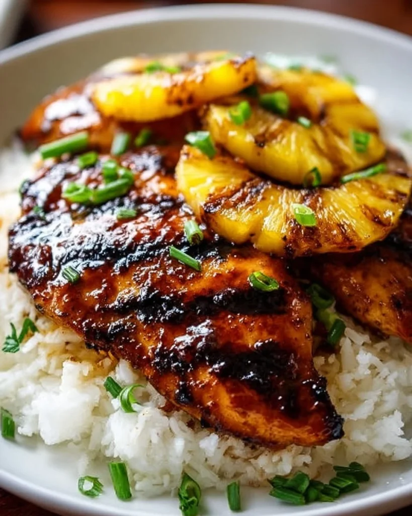 Delicious Hawaiian Chicken served with pineapple and coconut rice
