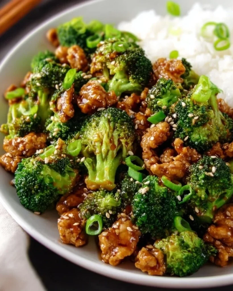 Honey Sriracha chicken with broccoli in a vibrant dish