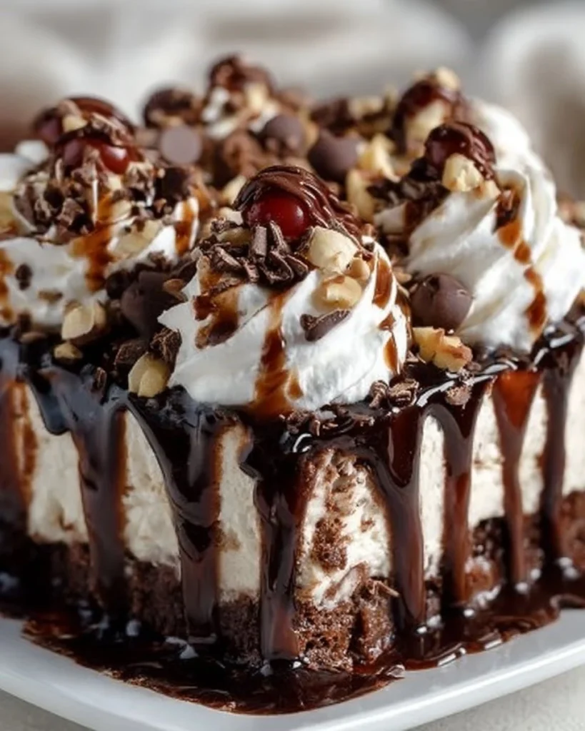Slice of Hot Fudge Sundae Brownie Cheesecake topped with fudge and ice cream