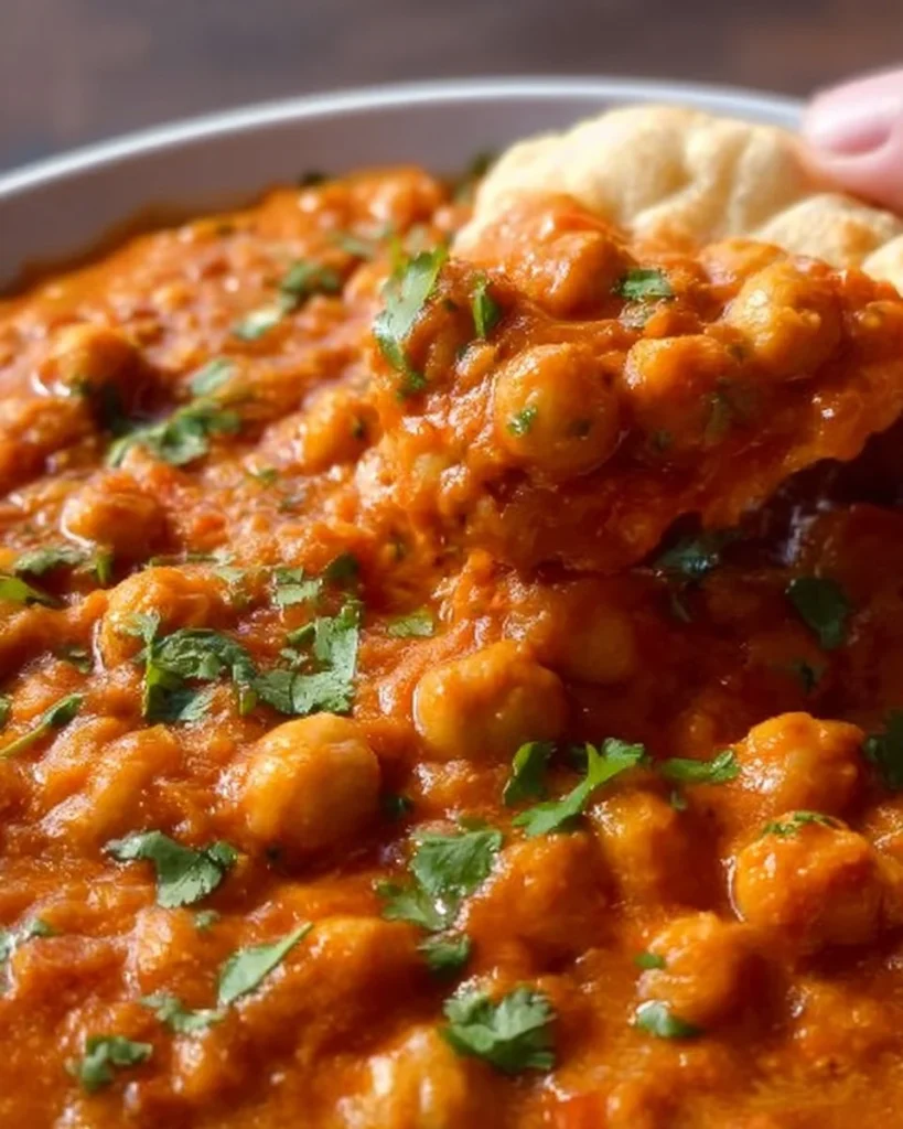 Plate of Indian Butter Chickpeas garnished with cilantro and served with rice