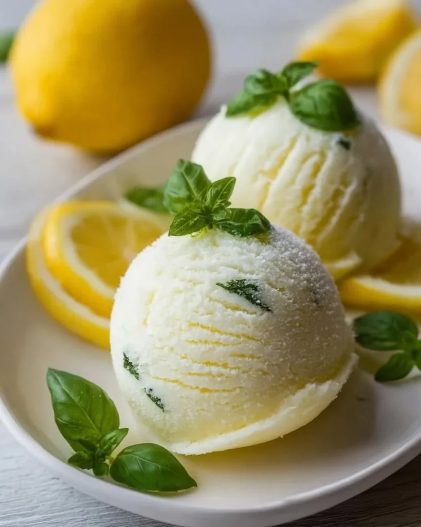 A bowl of lemon basil sorbet garnished with fresh basil leaves, ideal for summer enjoyment.