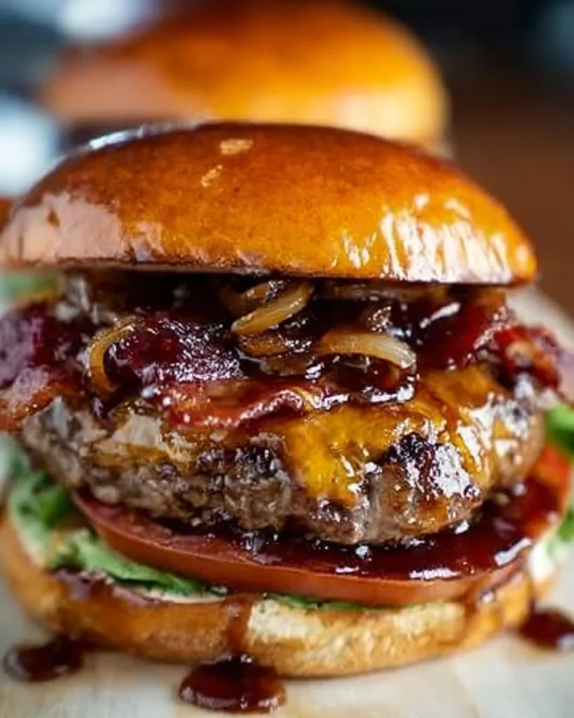 Maple Bourbon BBQ Bacon Burger with caramelized onions for an irresistible flavor.