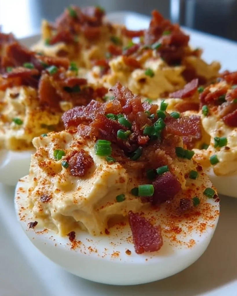Million Dollar Bacon Deviled Eggs topped with crispy bacon and herbs