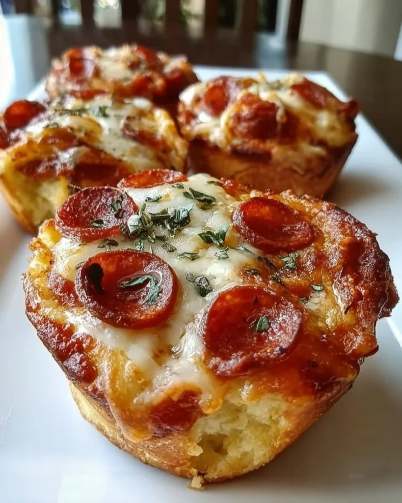Mini deep dish crescent roll pizzas topped with cheese and pepperoni