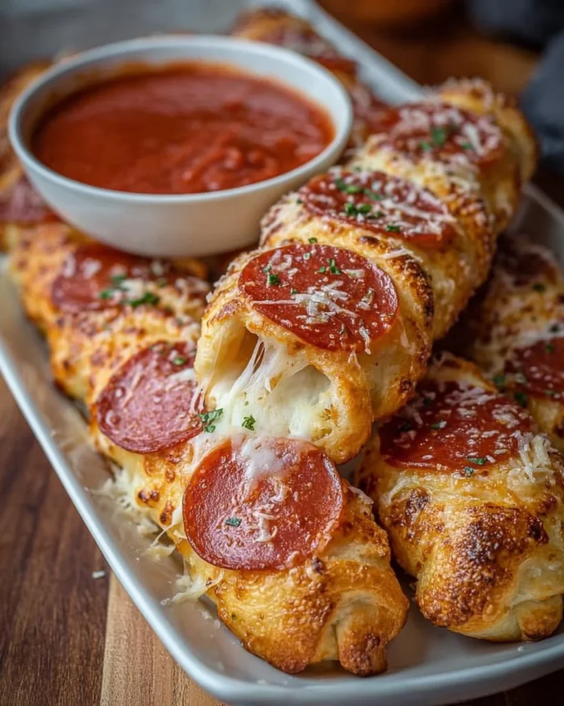 Pepperoni Pizza Roll Breadsticks served with marinara sauce
