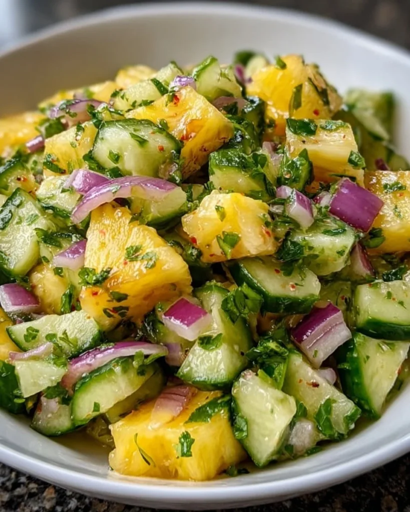 Delicious Pineapple Cucumber Salad served in a bowl