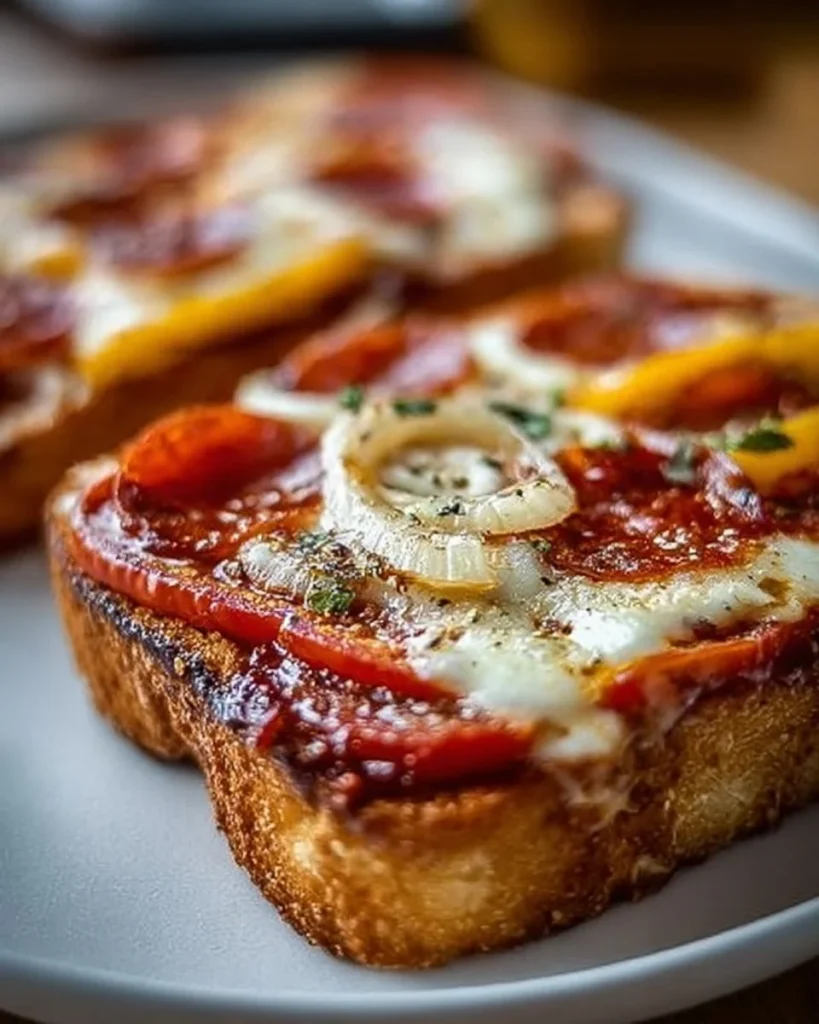 Melted Pizza Grilled Cheese sandwich with gooey cheese and toppings.