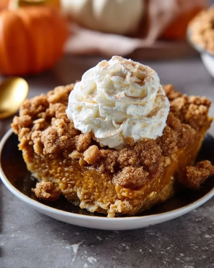 Delicious pumpkin pie crisp topped with a golden crumble crust