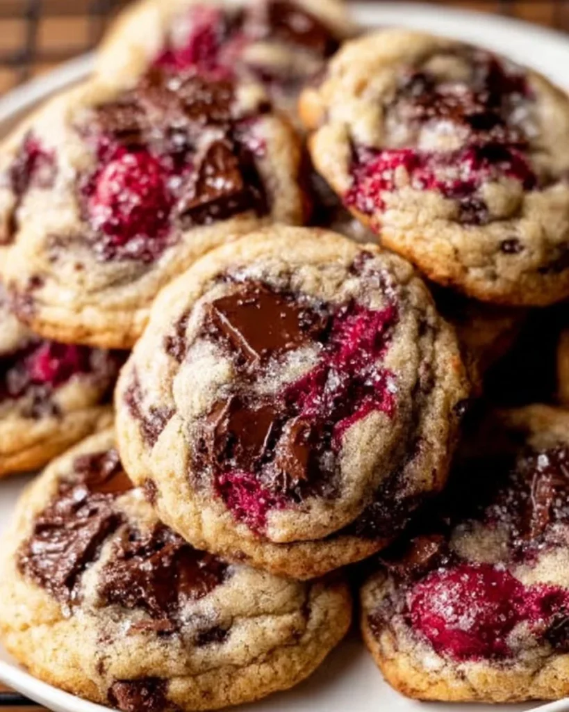 Homemade Raspberry Chocolate Chunk Cookies on a rustic plate