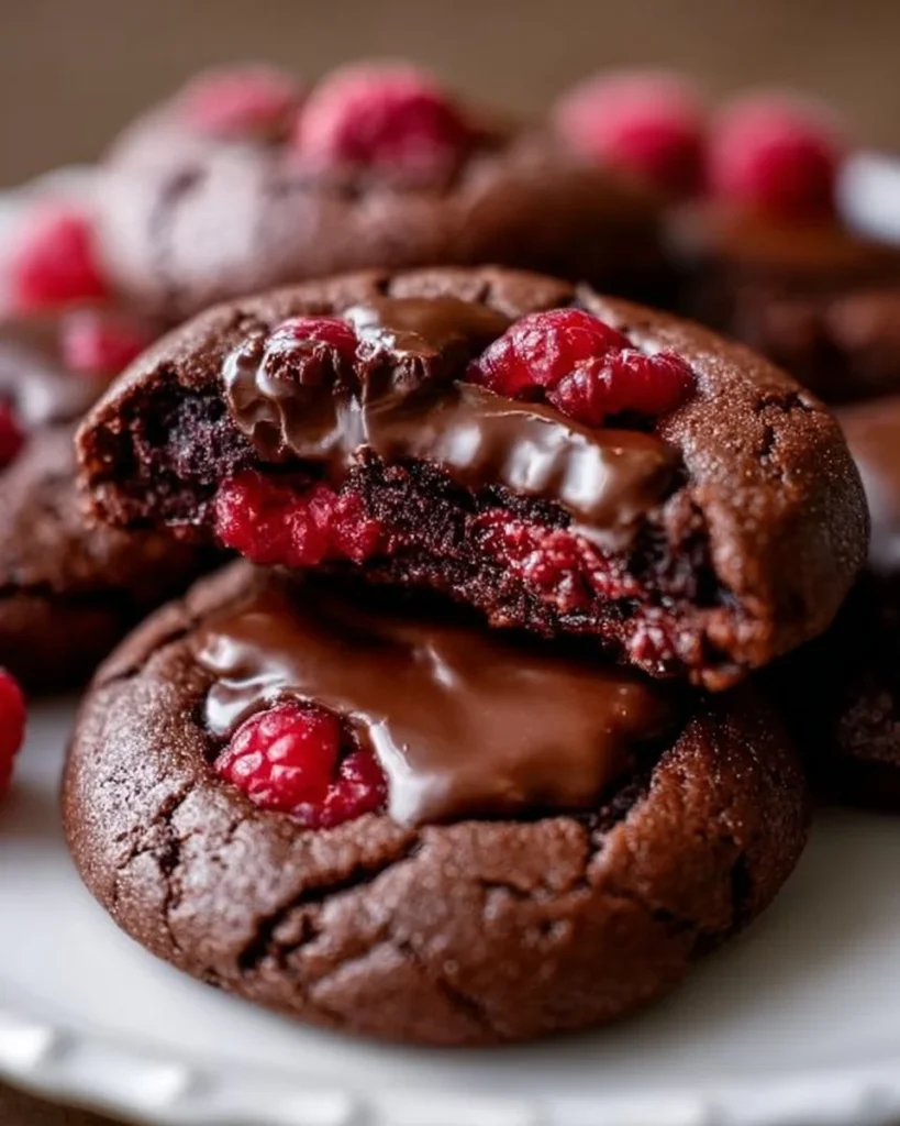 Decadent raspberry fudgy chocolate cookies on a plate