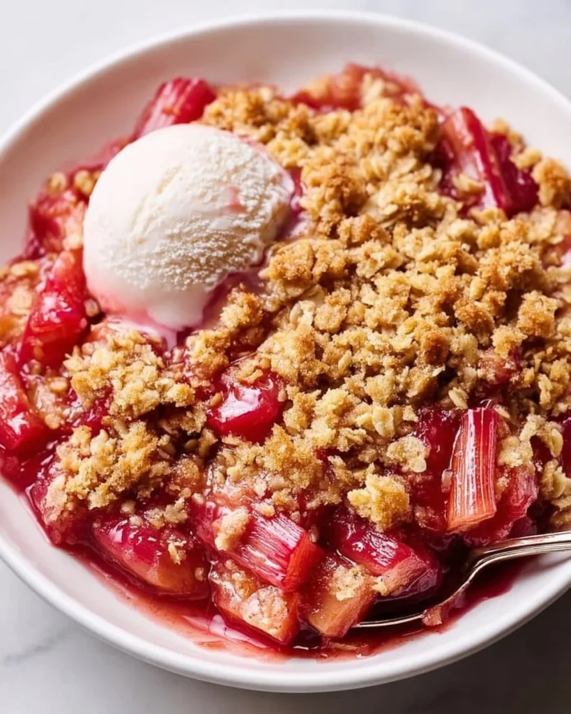 Delicious rhubarb crisp dessert with a crunchy topping and fresh rhubarb filling.