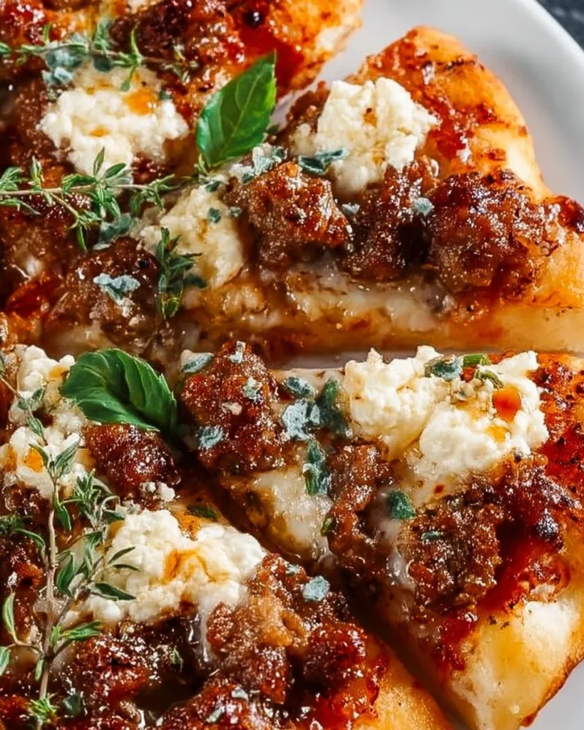 Delicious Sausage Ricotta Pizza topped with honey and hot peppers