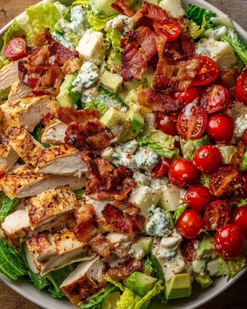 Savory BLT chicken salad with bacon, lettuce, and tomato over fresh greens