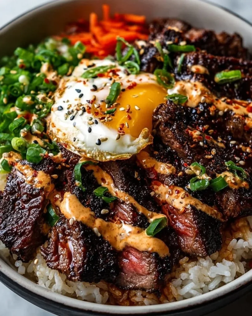Savory Korean BBQ steak rice bowl with marinated beef and fresh vegetables