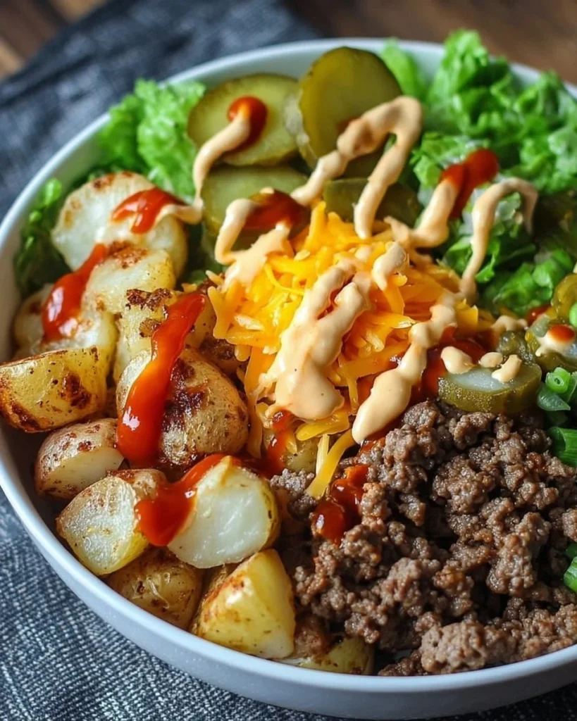 Savory smash burger bowl topped with fresh ingredients and served in a bowl