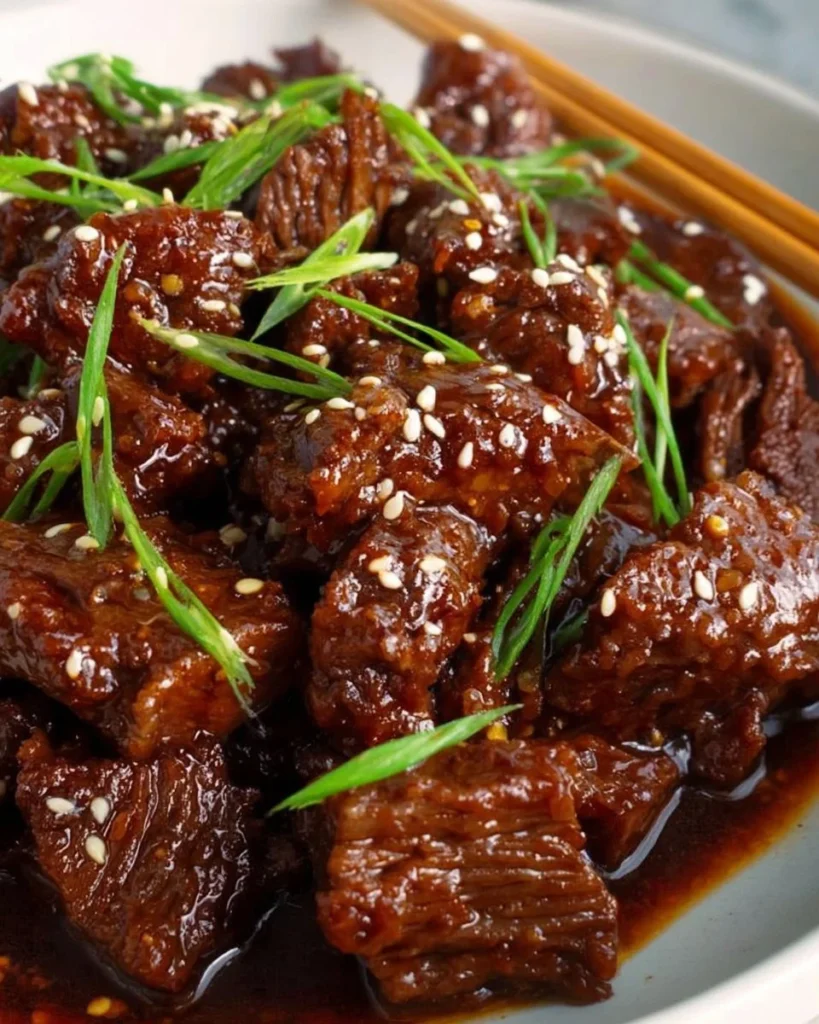 Delicious slow-cooked Korean beef served with rice and vegetables.