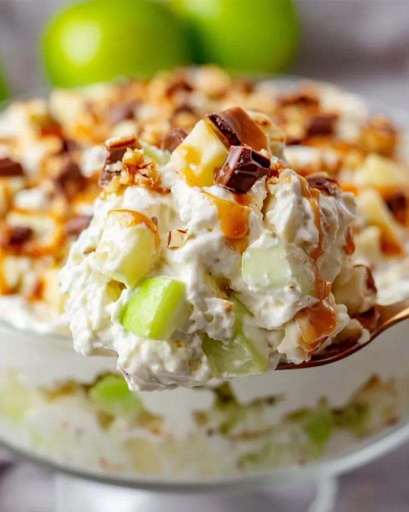 Delicious Snicker Apple Salad with apples, Snickers, and creamy dressing