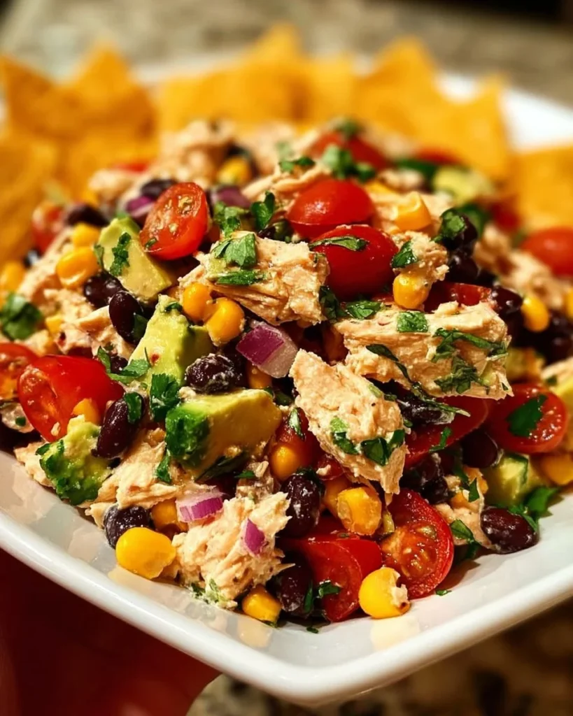 Bowl of Southwestern chicken salad with fresh vegetables and grilled chicken.