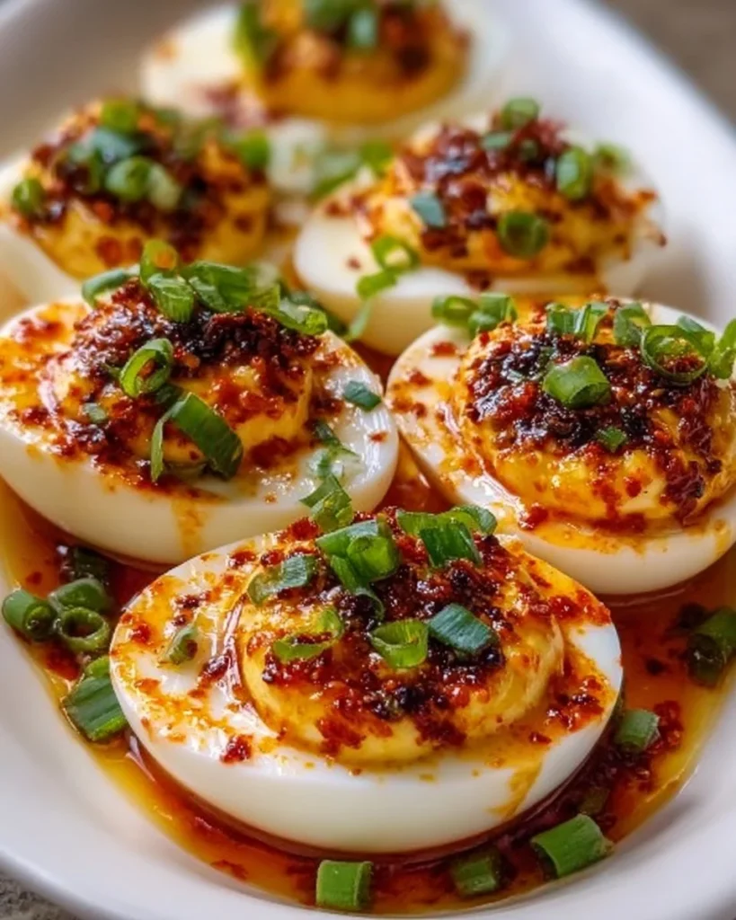 Delicious spicy chili garlic deviled eggs garnished with herbs