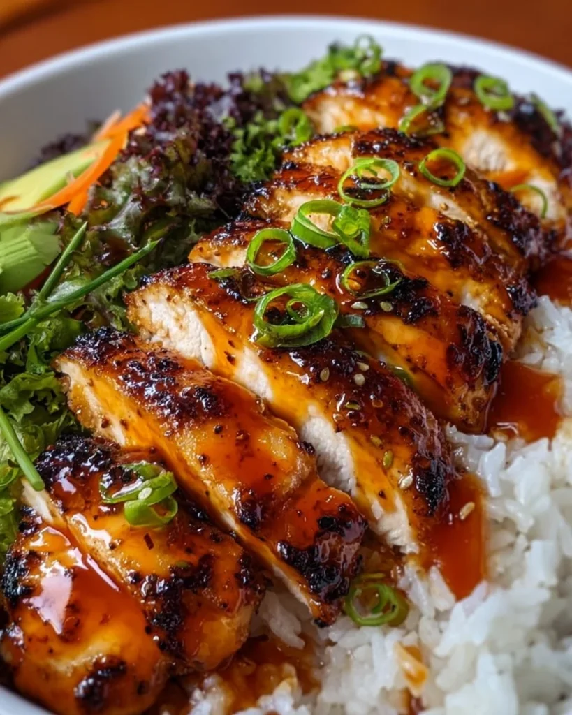 Spicy maple chicken served with coconut rice on a plate